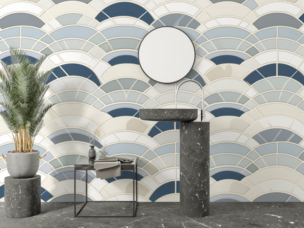 Modern geometric wallpaper transforming home office with blue wave pattern
