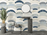 Modern geometric wallpaper transforming home office with blue wave pattern