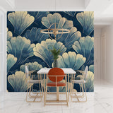 Master bedroom with Art Deco blue shell wallpaper creating luxurious hotel feel