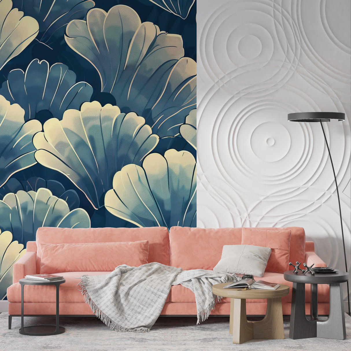 Entryway decorated with Art Deco shell pattern wallpaper in navy and cream tones