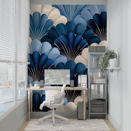 Art deco shell pattern wallpaper in modern living room with blue accent chairs
