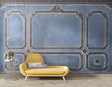 Art deco French molding wallpaper in an elegant dining room with crystal chandelier and wainscoting
