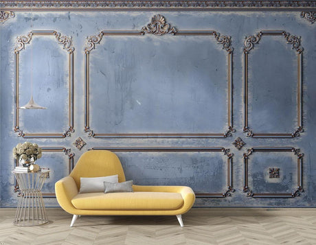 Art deco French molding wallpaper in an elegant dining room with crystal chandelier and wainscoting