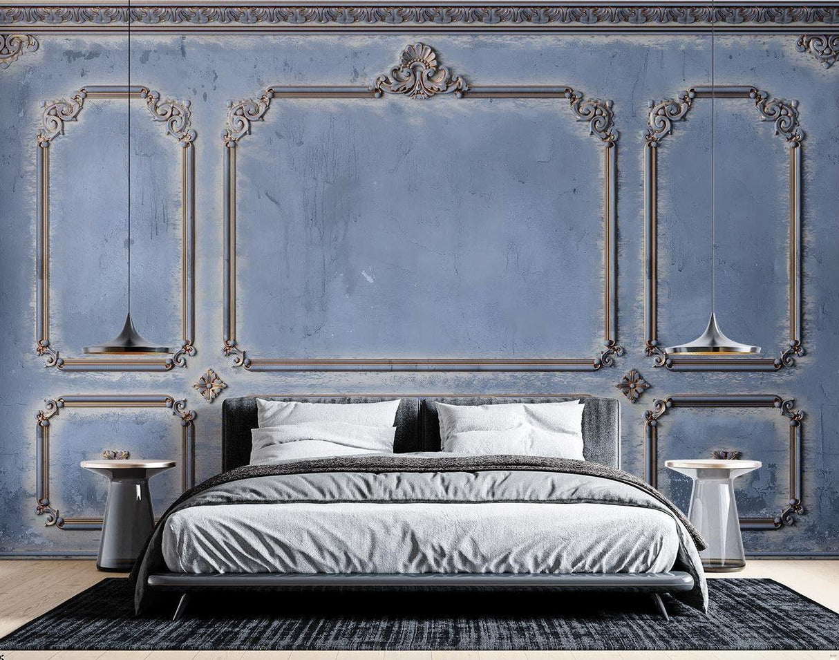 Classic panel wall mural creating depth in a modern living room with minimal furniture