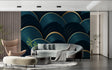 Art deco teal and gold wallpaper in modern living room with grey sofa and brass accessories