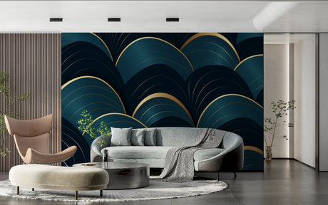 Art deco teal and gold wallpaper in modern living room with grey sofa and brass accessories