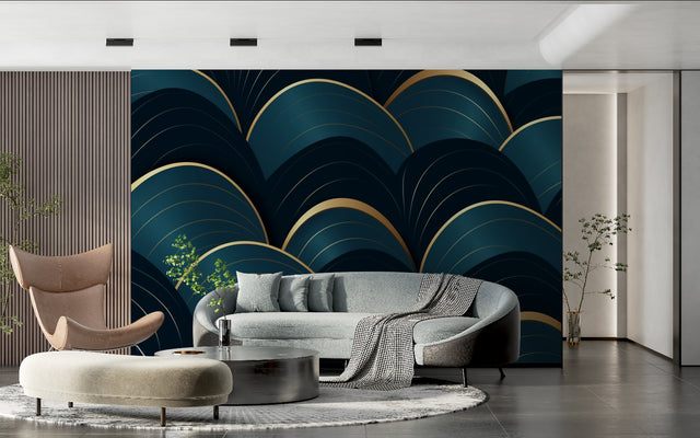 Art deco teal and gold wallpaper in modern living room with grey sofa and brass accessories