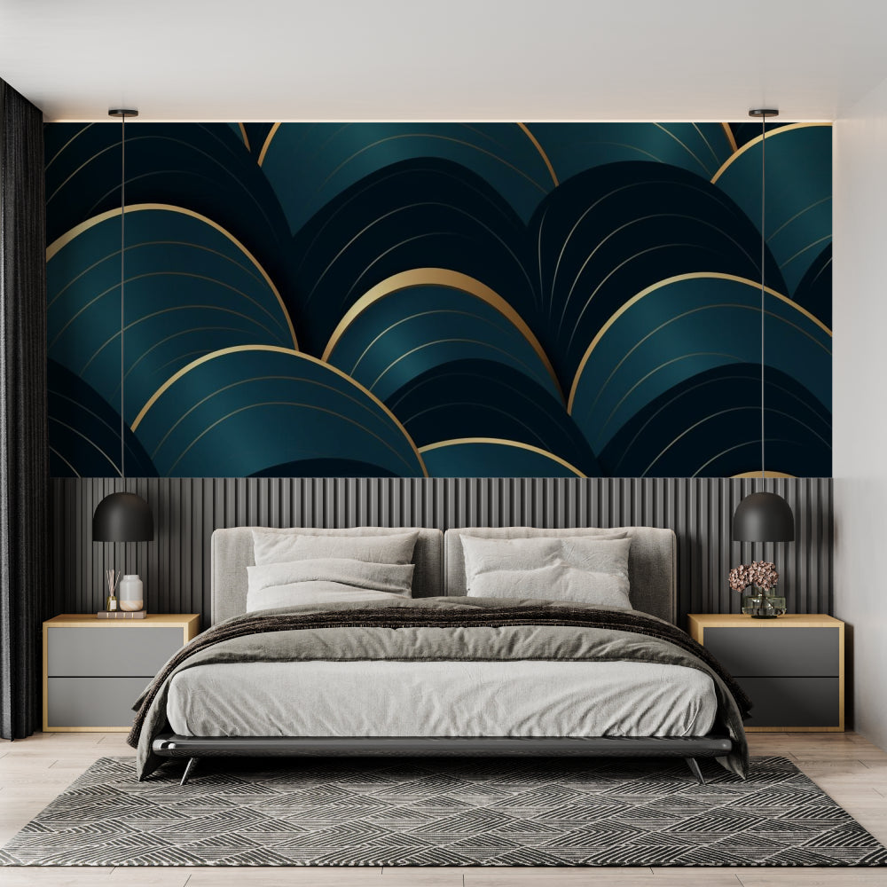 Geometric art deco wallpaper featuring in luxury hotel lobby with golden lighting