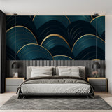 Geometric art deco wallpaper featuring in luxury hotel lobby with golden lighting