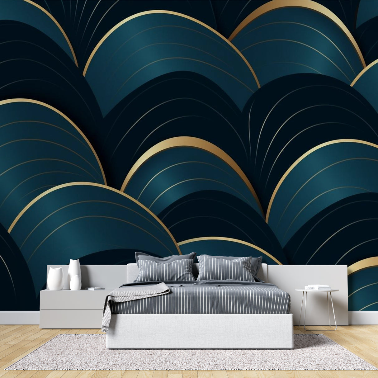 Teal and gold art deco wall mural in master bedroom with white bedding