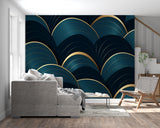Art deco pattern wallpaper in dining room with crystal chandelier