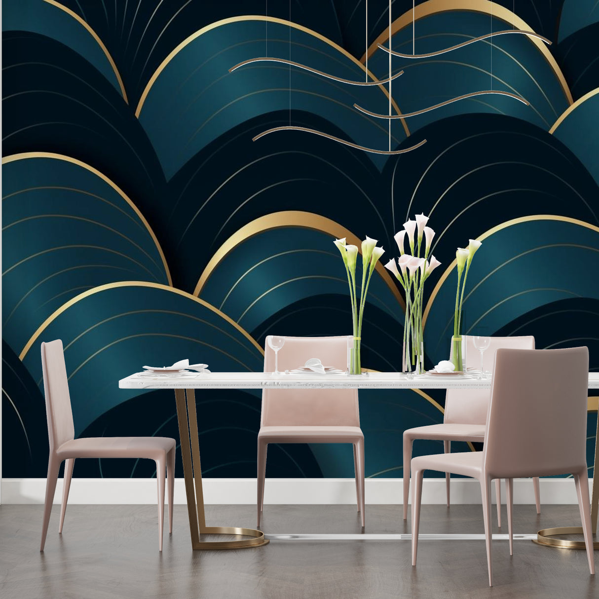 Modern home office featuring geometric teal wallpaper with gold accents
