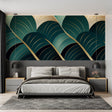 Art deco wallpaper with emerald and gold leaves creating drama in modern living room