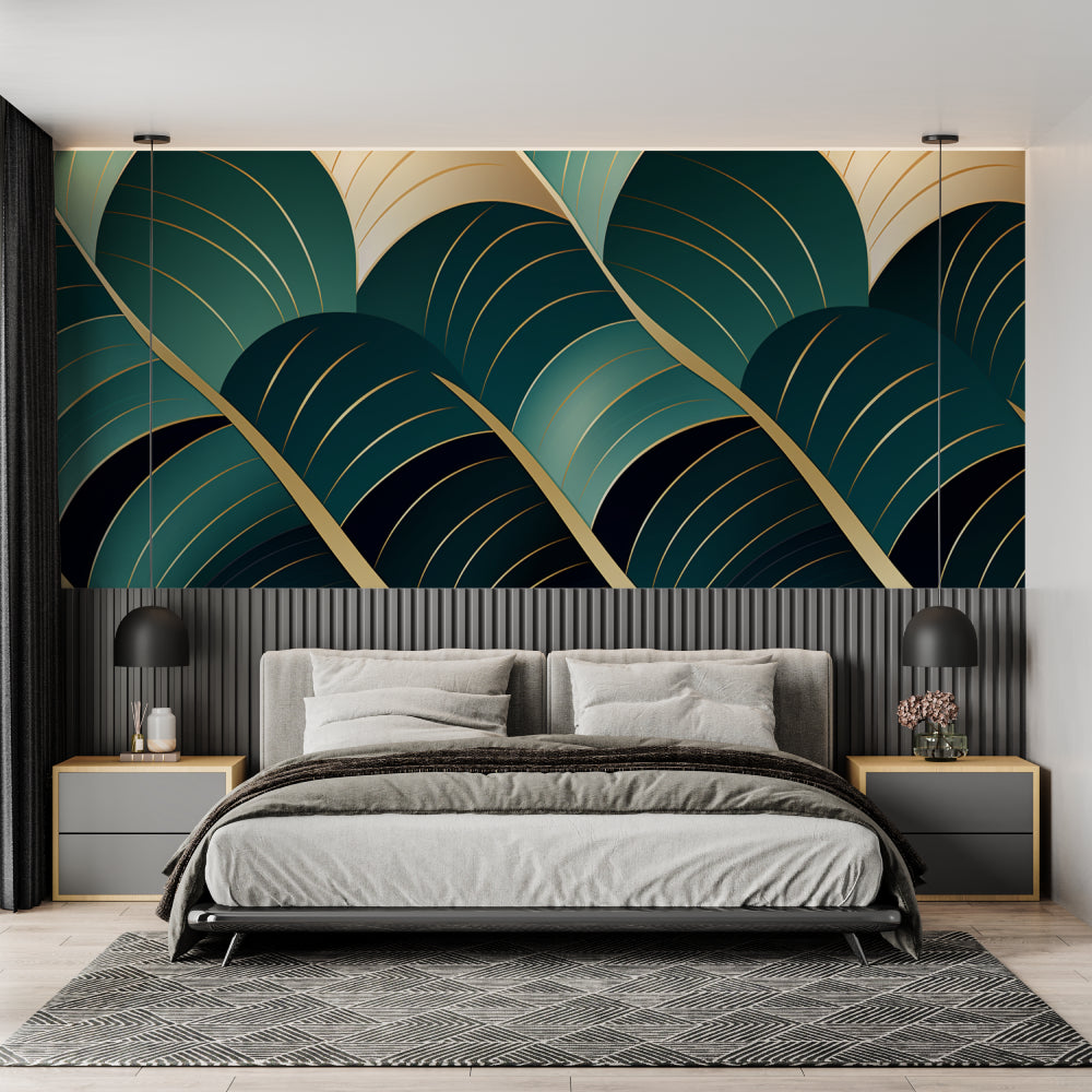 Art deco wallpaper with emerald and gold leaves creating drama in modern living room