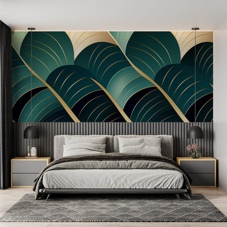 Art deco wallpaper with emerald and gold leaves creating drama in modern living room