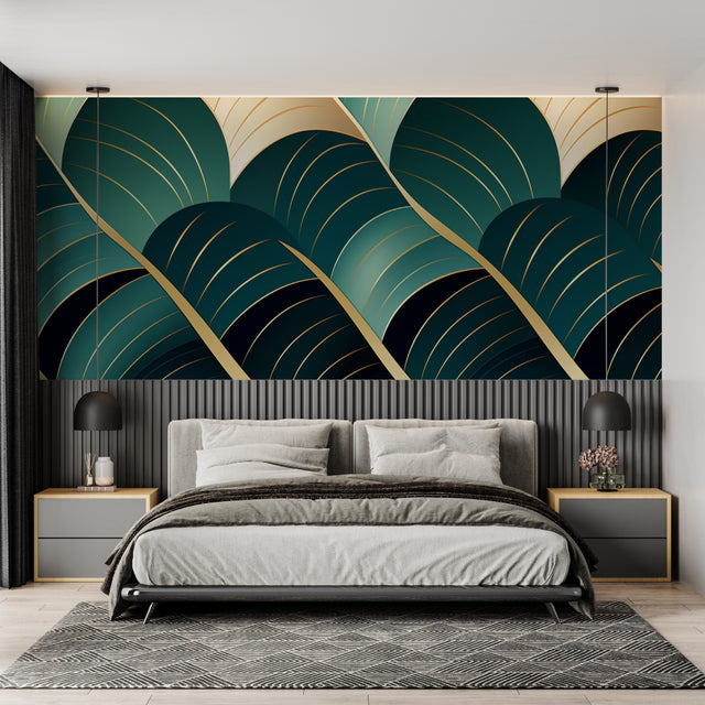 Art deco wallpaper with emerald and gold leaves creating drama in modern living room
