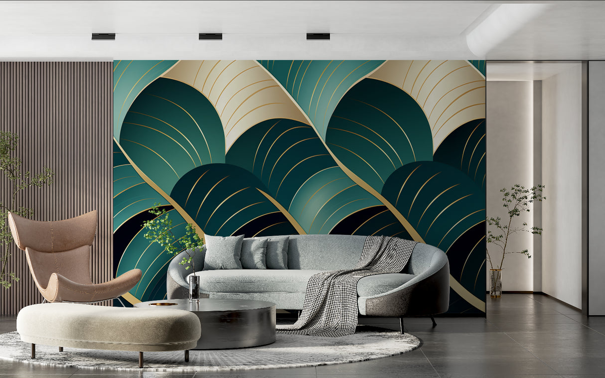 Geometric leaf pattern wallpaper adding luxury to master bedroom