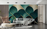 Geometric leaf pattern wallpaper adding luxury to master bedroom