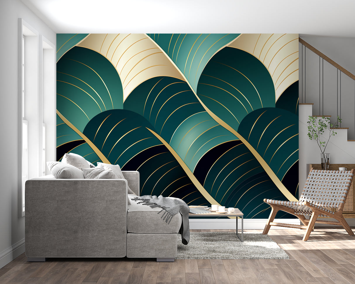Green and gold art deco wallpaper making statement in dining room