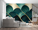 Green and gold art deco wallpaper making statement in dining room