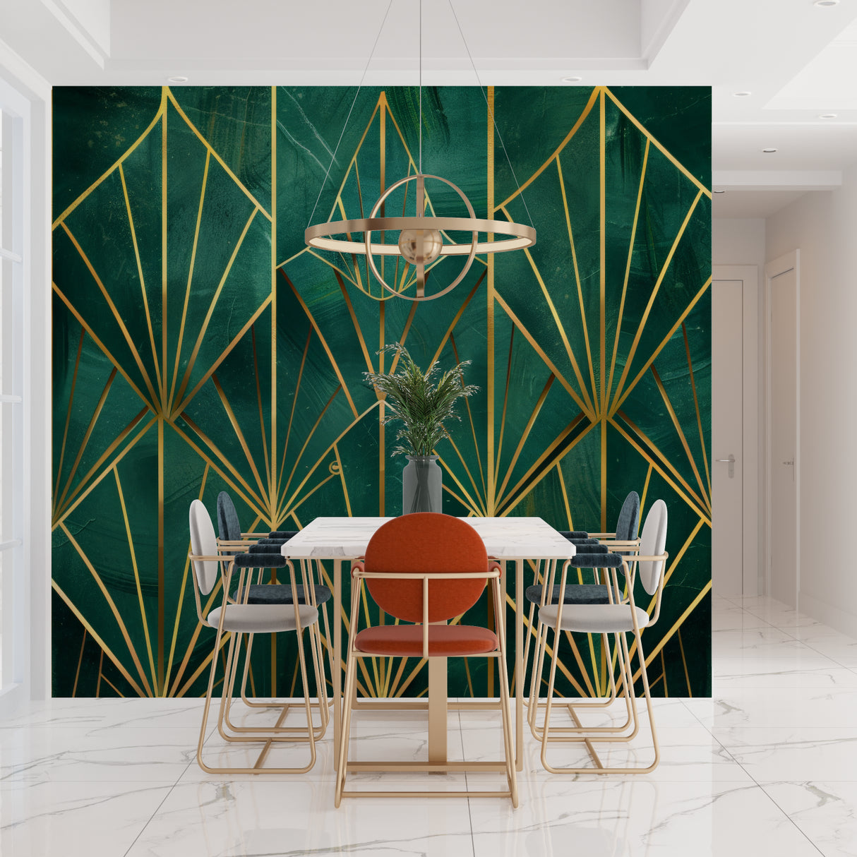 Home office space with gold and green art deco pattern wallpaper