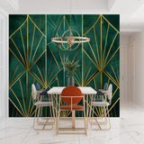 Home office space with gold and green art deco pattern wallpaper