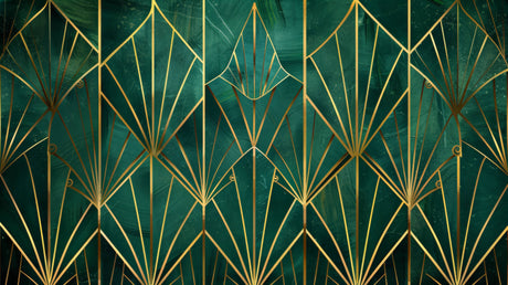 Art deco wallpaper design file showing detailed emerald green and gold geometric fan pattern