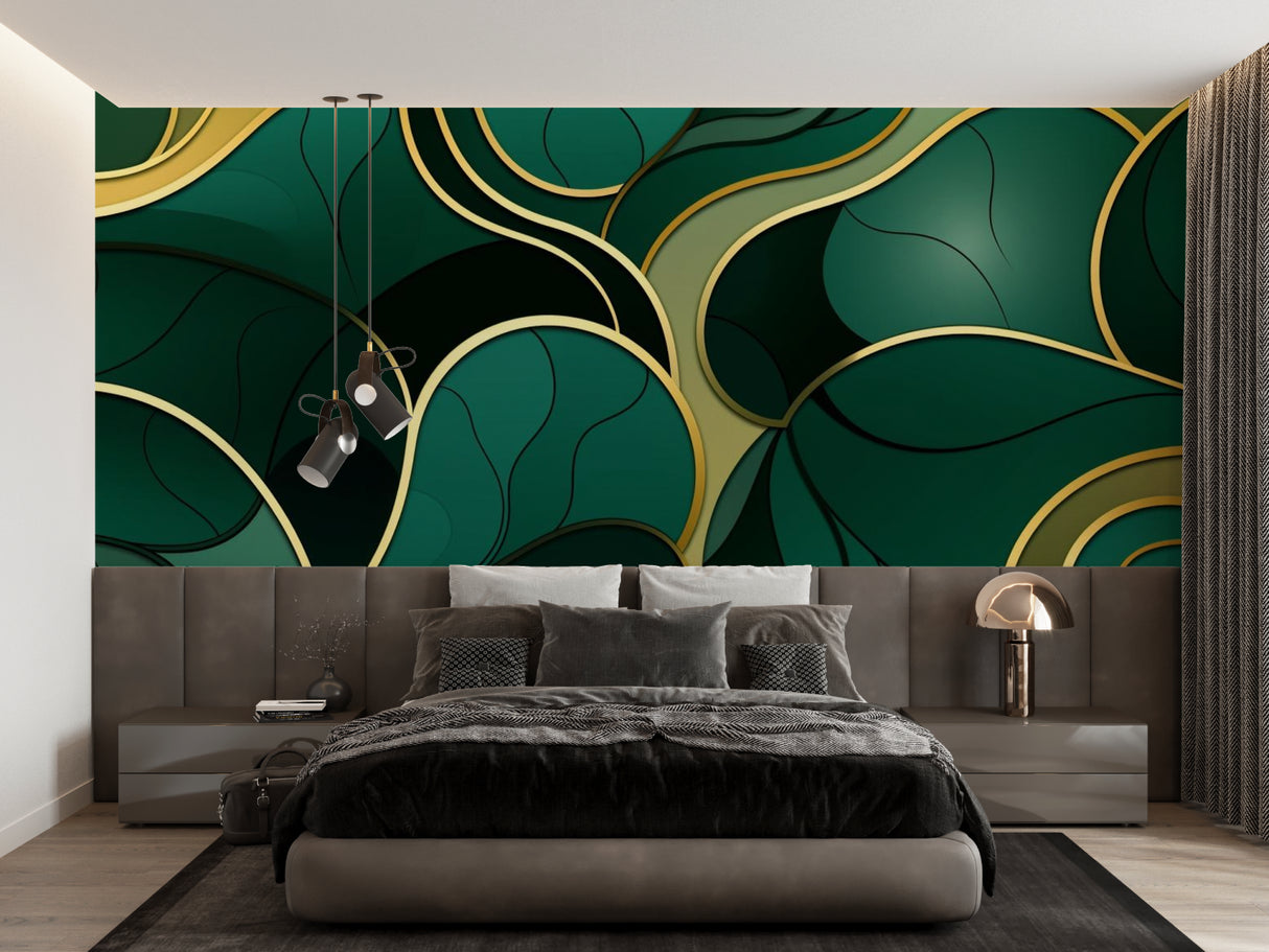 Art deco green and gold wallpaper in modern dining room with crystal chandelier