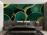 Art deco green and gold wallpaper in modern dining room with crystal chandelier