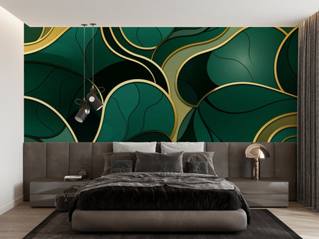 Art deco green and gold wallpaper in modern dining room with crystal chandelier