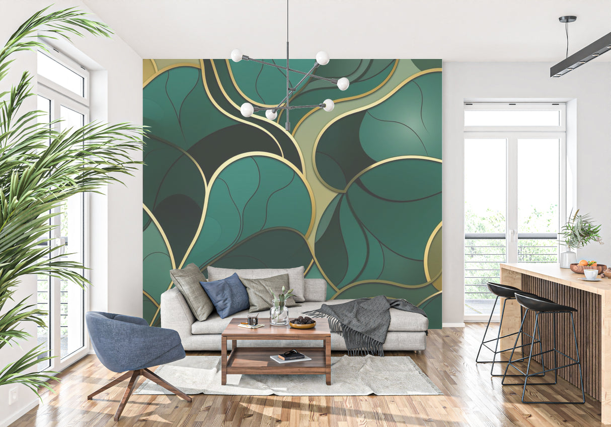 Emerald art deco wallpaper feature wall in luxury master bedroom