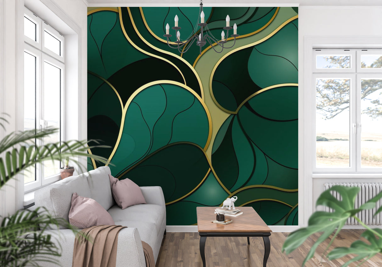 Gold geometric pattern wallpaper in home office with brass accents