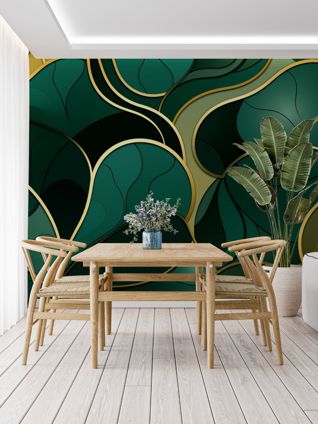 Green art deco wallpaper in hotel lobby with modern furniture