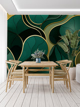 Green art deco wallpaper in hotel lobby with modern furniture