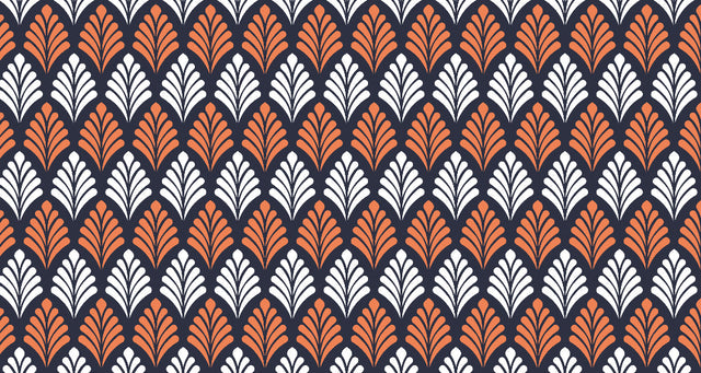 Art deco fan pattern wallpaper in orange and white creating a stunning focal point in a modern dining room