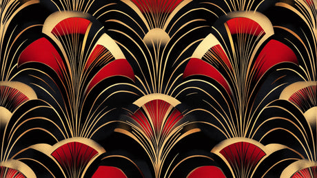 Art Deco fan pattern design file showing intricate geometric details in red, gold and black
