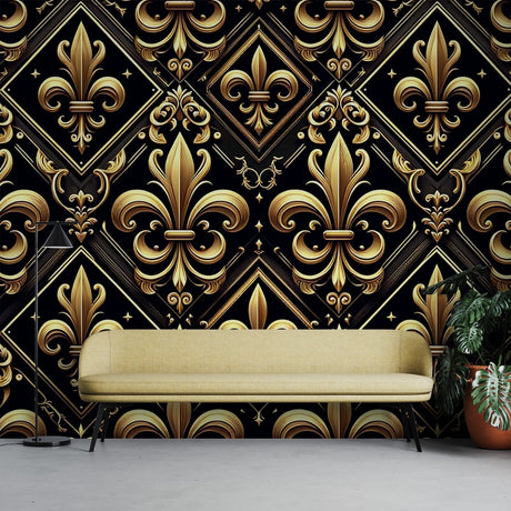 Black and gold Art Deco wallpaper in modern living room setting, showing Fleur de Lis pattern catching evening light