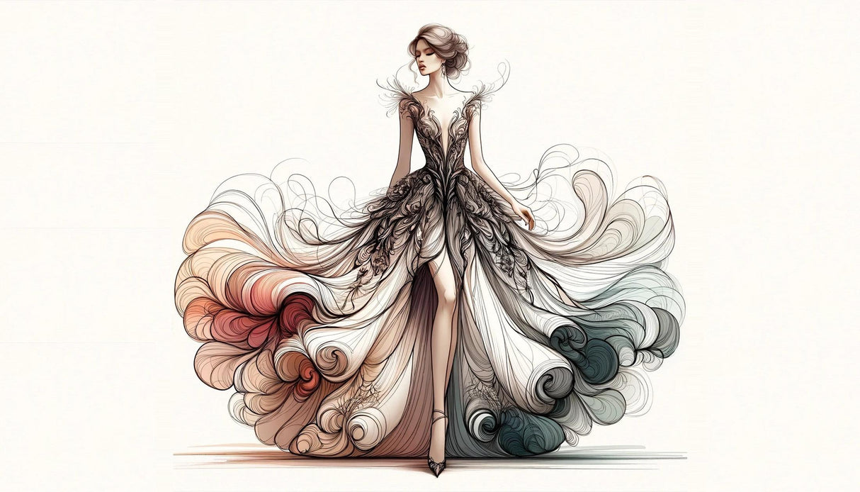 Art deco wallpaper with flowing dress design creates dramatic impact in modern living room setting