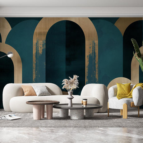 Art Deco teal and gold geometric arch wallpaper creating drama in a modern living room with high ceilings