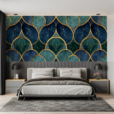 Art deco geometric wallpaper in modern living room with blue velvet sofa and gold accents