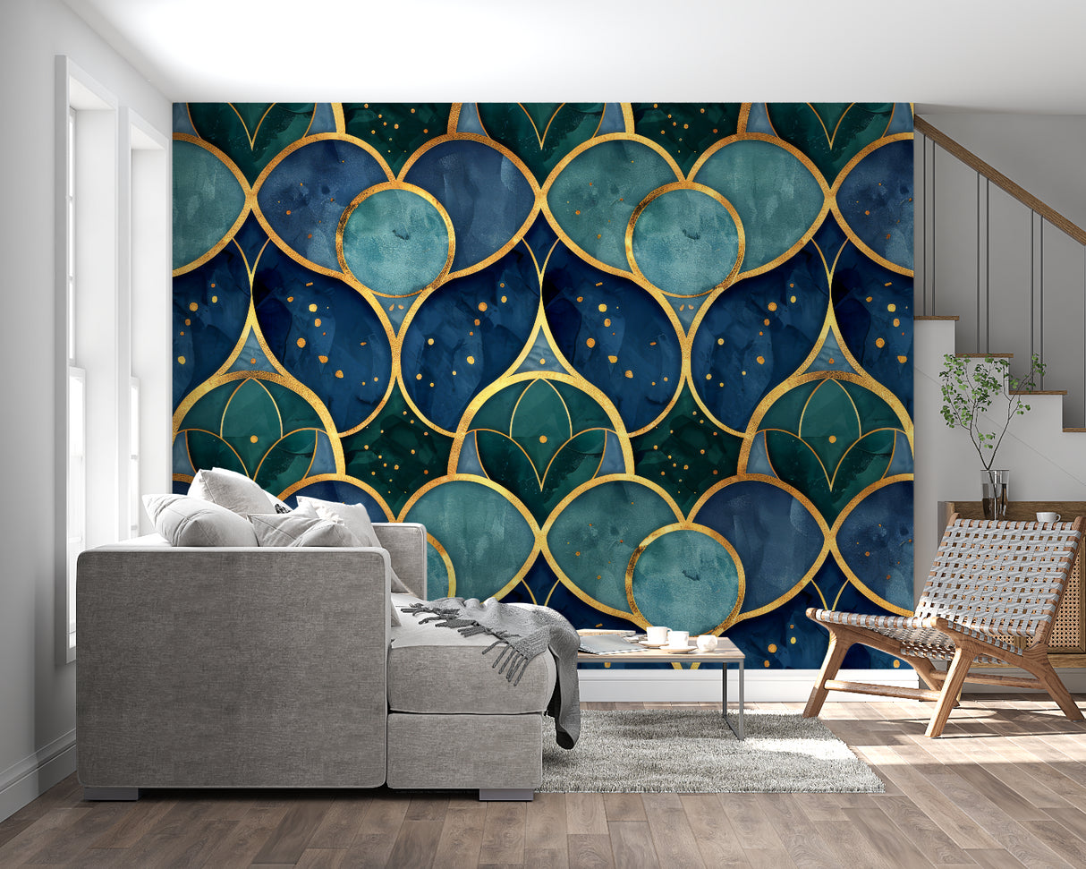 Art deco pattern wallpaper in dining room with crystal chandelier