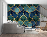 Art deco pattern wallpaper in dining room with crystal chandelier