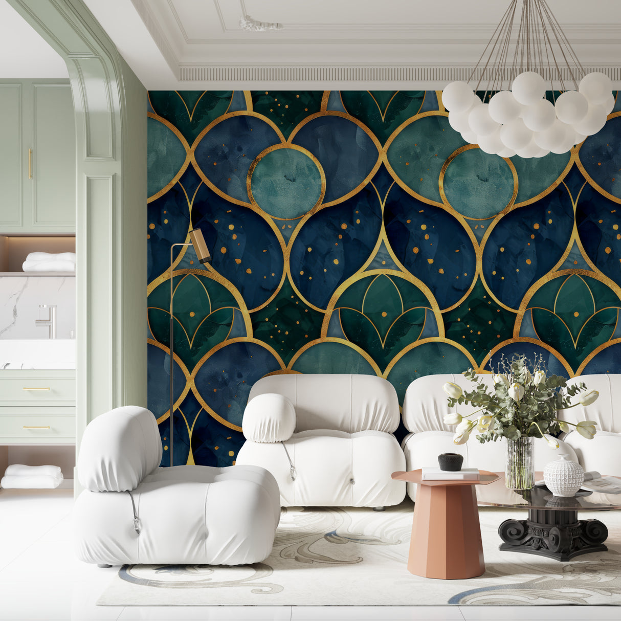 Art deco geometric wallpaper in modern dining room with gold accents catching evening light