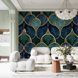 Art deco geometric wallpaper in modern dining room with gold accents catching evening light