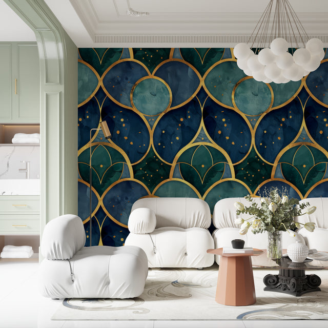 Art deco geometric wallpaper in modern dining room with gold accents catching evening light