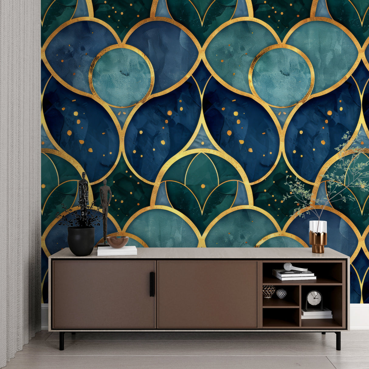Navy and gold geometric wallpaper making statement in home office