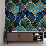 Navy and gold geometric wallpaper making statement in home office