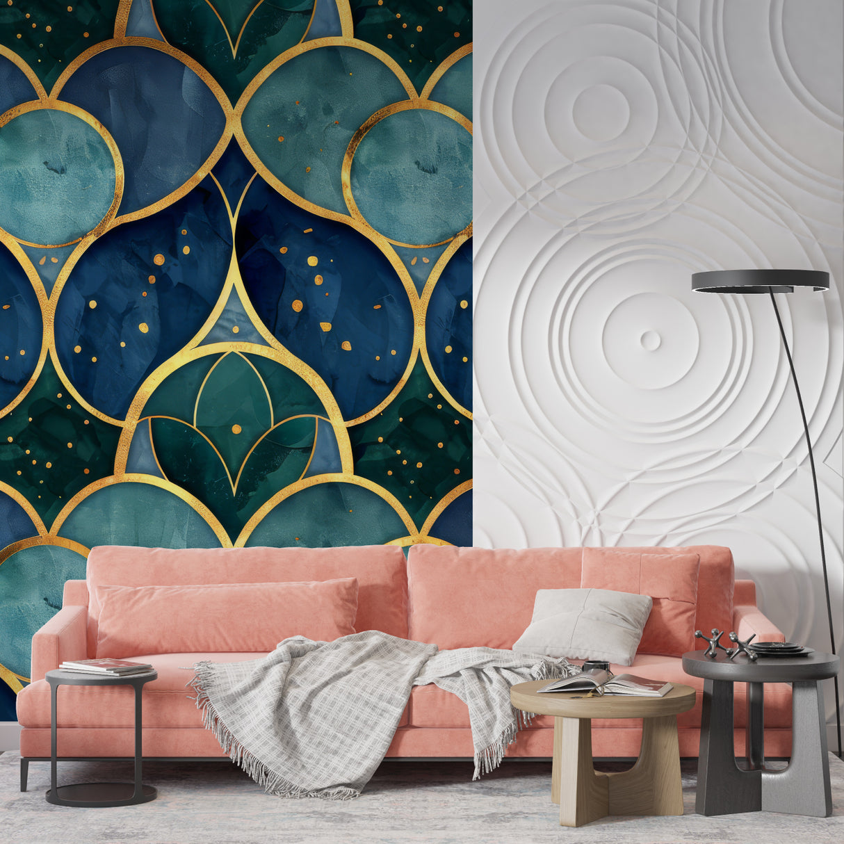 Art deco wall mural bringing elegance to living room feature wall