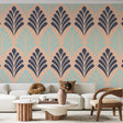 Art deco fan pattern wallpaper creating a stunning focal point in a modern living room with beige and blue geometric design
