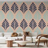 Art deco fan pattern wallpaper creating a stunning focal point in a modern living room with beige and blue geometric design